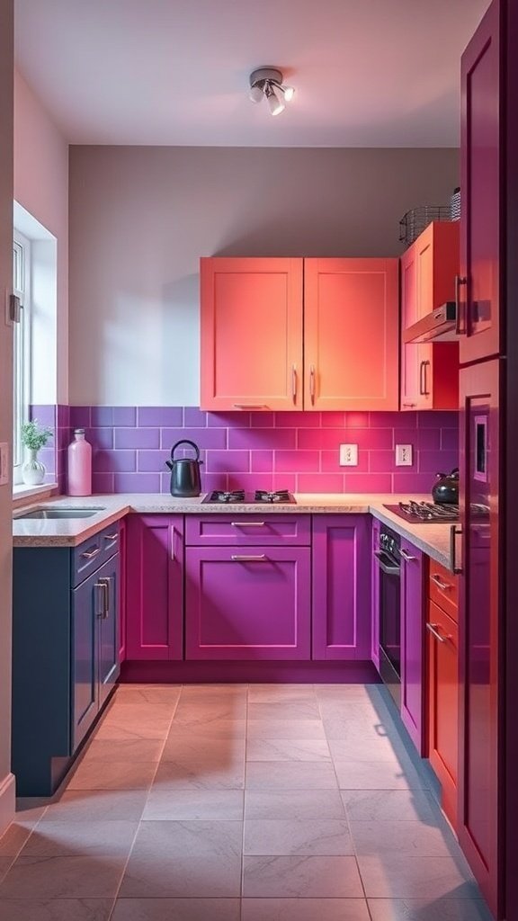 A small kitchen featuring vibrant pink and purple cabinets with a gradient effect.