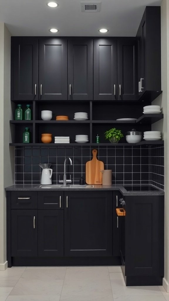 A small black kitchen with sleek cabinets, open shelving, and a modern design.
