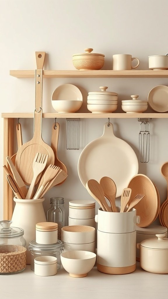 A collection of beige kitchen accessories and utensils on wooden shelves.