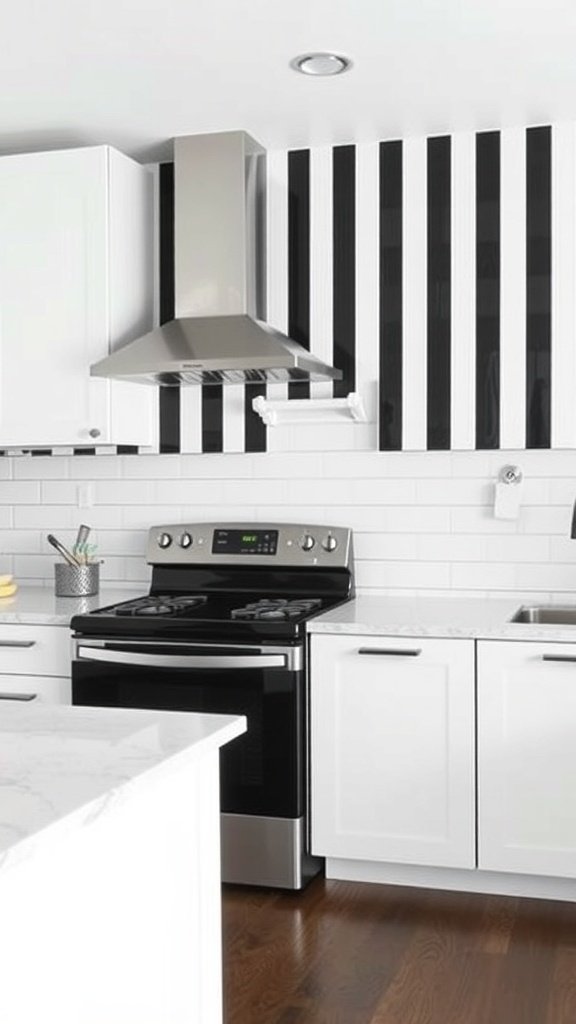 A modern kitchen with a bold black and white striped backsplash, white cabinets, and stainless steel appliances.