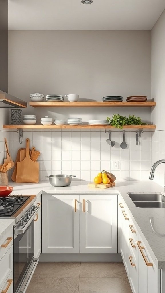 A modern kitchen with white cabinets, wooden shelves, and a clean countertop.