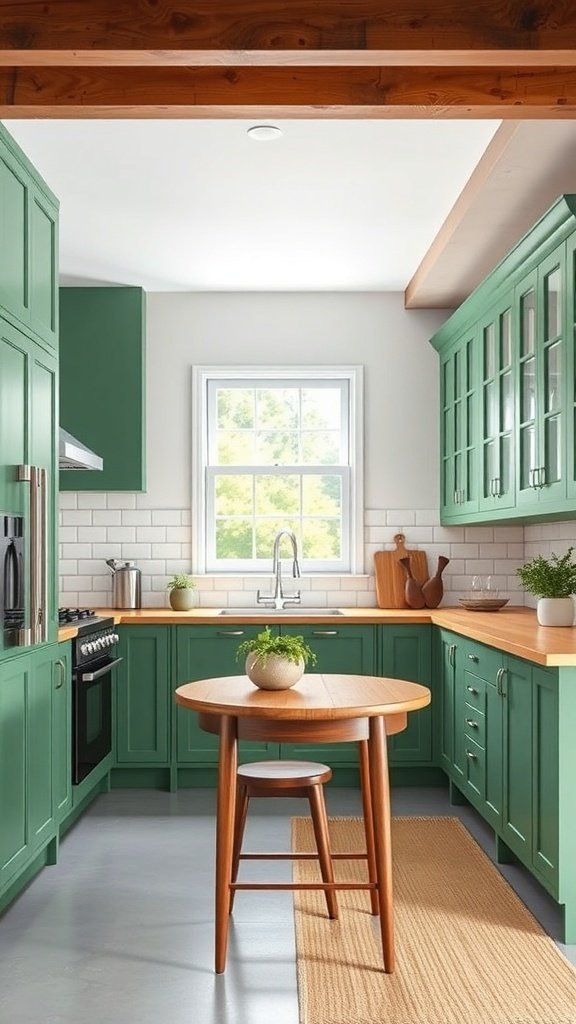 A modern kitchen with green cabinets, wooden table, and natural light.