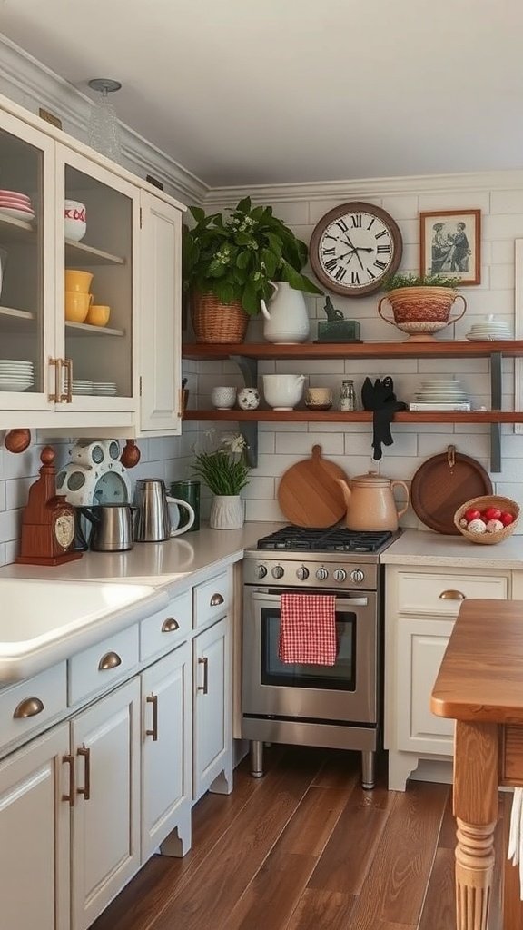 A cozy kitchen featuring vintage decor, wooden shelves, and a mix of modern appliances.