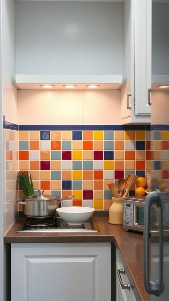 Colorful tiled backsplash in a small kitchen with a pot on the stove and a bowl on the counter.