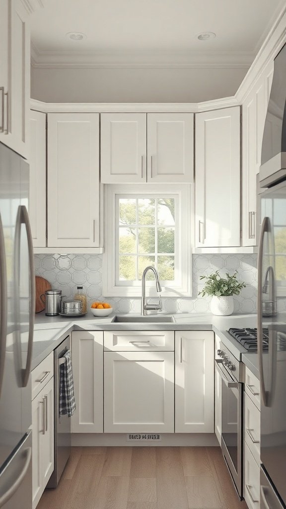 Bright white kitchen with modern cabinets and stainless steel appliances