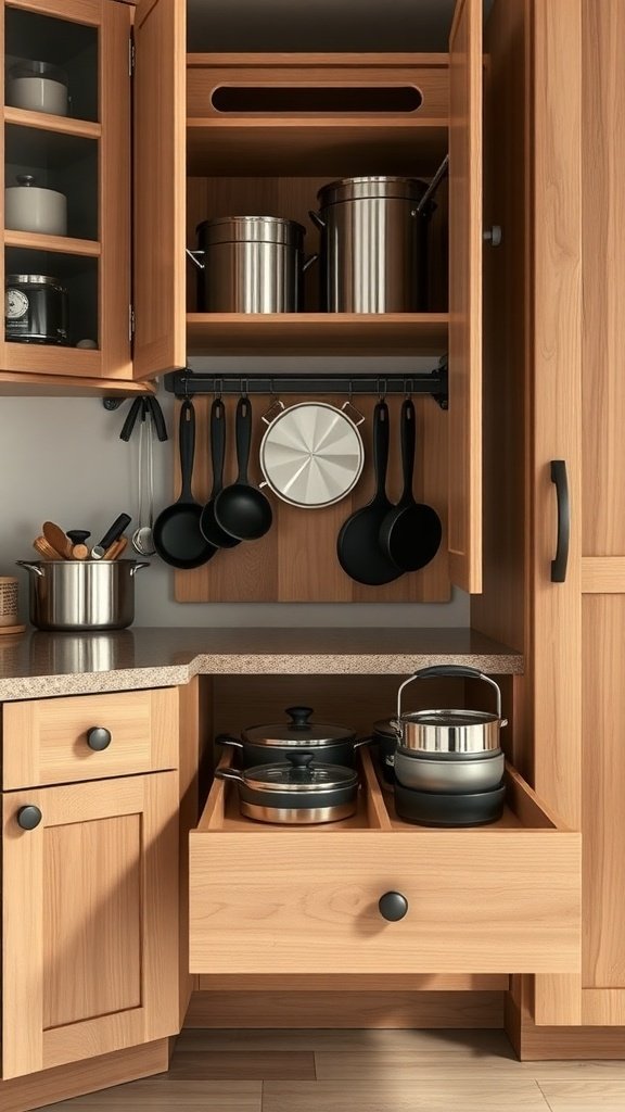 A small kitchen with pull-out drawers showcasing organized pots and pans.