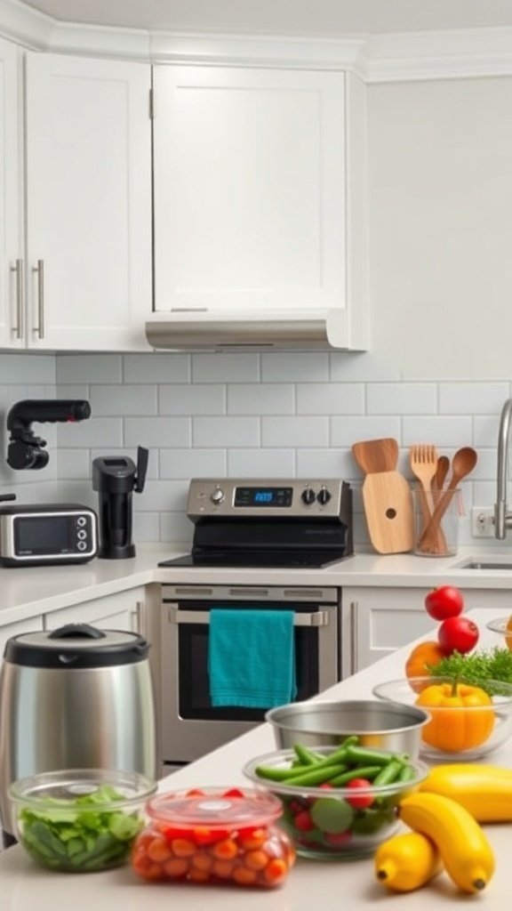 A modern kitchen with various appliances and fresh ingredients for meal prep.