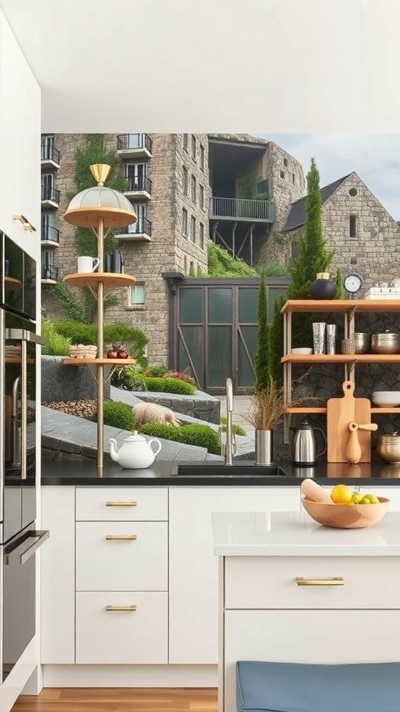 A modern kitchen featuring a wall mural of a stone building surrounded by greenery.