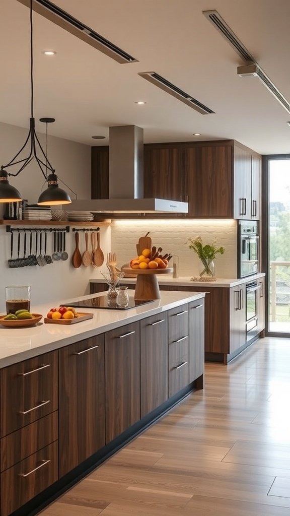 Modern kitchen with wooden cabinets, open shelving, and stylish lighting