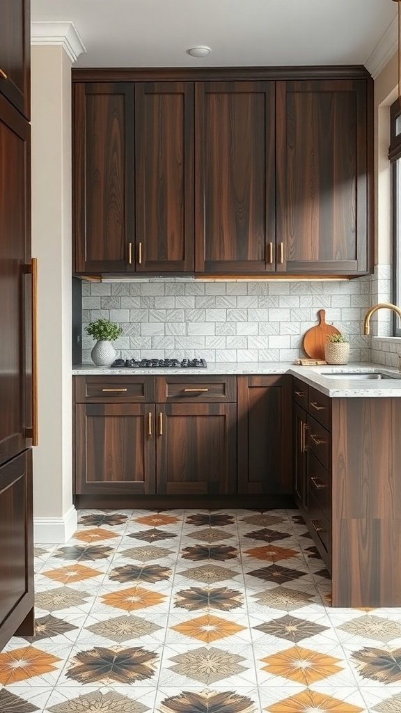 A modern kitchen featuring bold patterned flooring and dark wooden cabinets.
