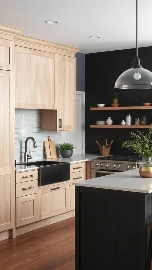 A modern kitchen featuring white oak cabinets contrasted with a dark wall and black accents.