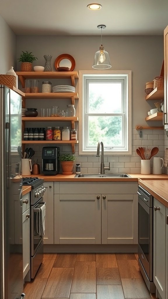 A small kitchen with open shelves, a window, and organized utensils.