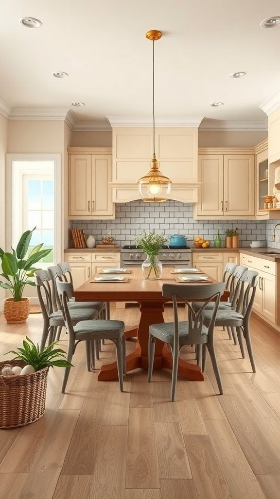 A cozy beige kitchen with a wooden table, gray chairs, and plants, perfect for family gatherings.