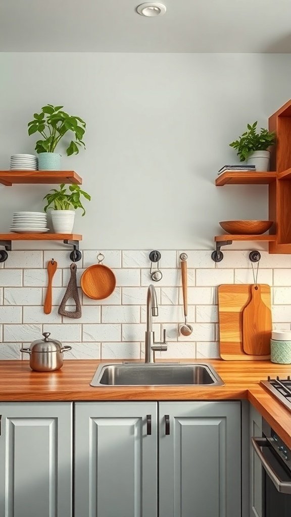 A modern kitchen with open shelves, plants, and hanging utensils.