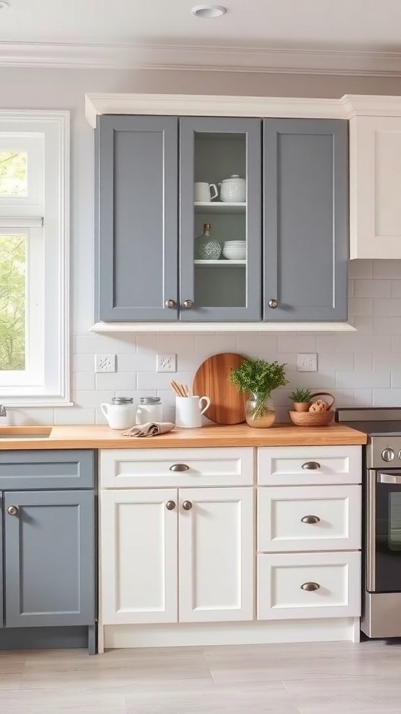 A kitchen with two-tone cabinets in gray and white, featuring a wooden countertop and glass-fronted upper cabinets.