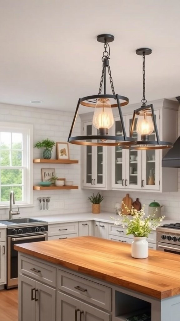 A farmhouse kitchen with pendant lights over a wooden island.