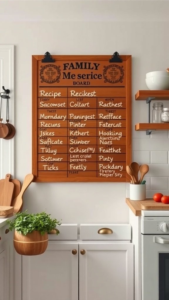 A wooden family recipe board hanging in a cottage kitchen, featuring various recipes and a cozy kitchen setting.