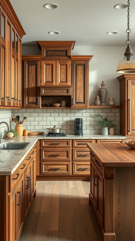 A beautifully crafted kitchen featuring wooden cabinets, natural stone countertops, and decorative elements.