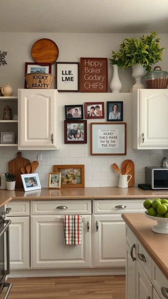 A cozy kitchen with family photos, decorative items, and greenery.