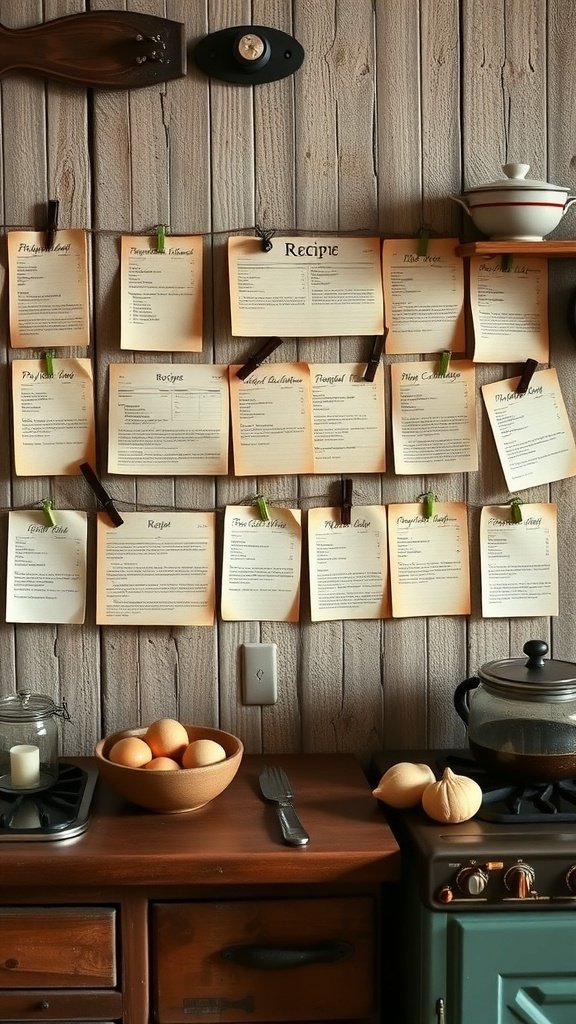 A collection of heritage recipe cards displayed on a wooden wall in a rustic farmhouse kitchen.