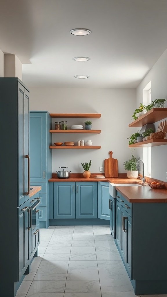 A modern kitchen with blue cabinets and wooden countertops, featuring open shelves with plants and dishware.