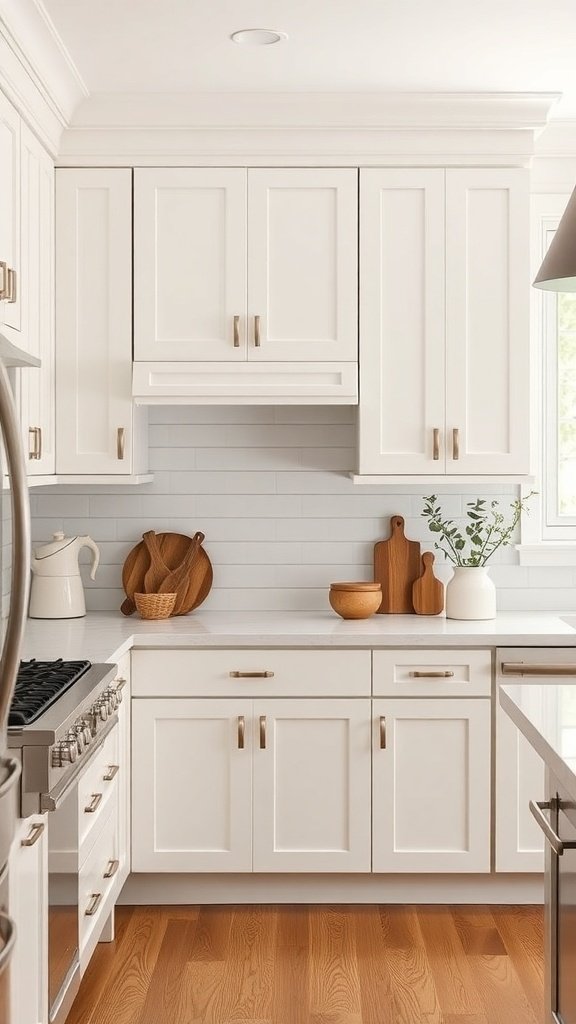 Modern farmhouse kitchen featuring shaker-style cabinets in white with gold hardware.