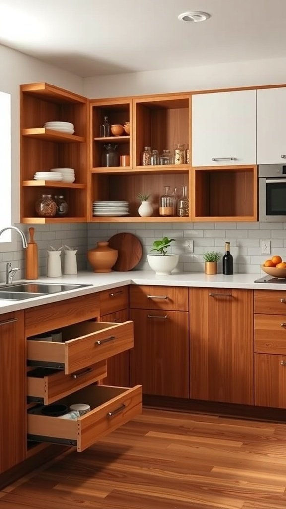 Mid-century modern kitchen with innovative storage solutions, featuring open shelving and wooden drawers.