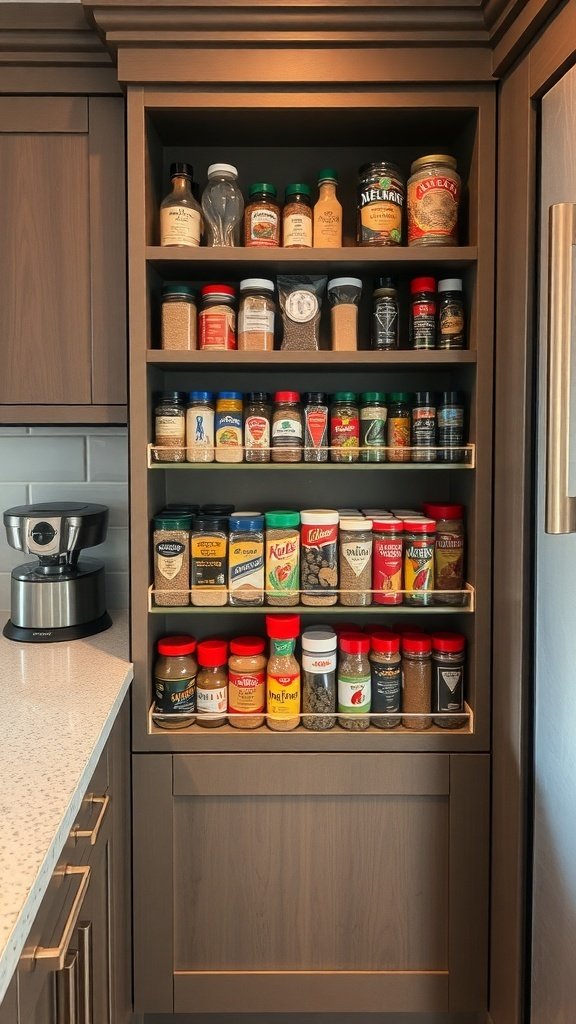 Organized spice rack in a modern kitchen cabinet