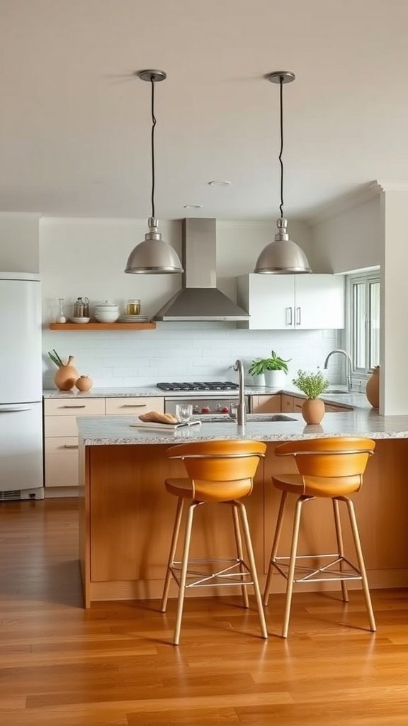 Stylish bar stools in a mid-century modern kitchen with warm wood tones and granite countertop.