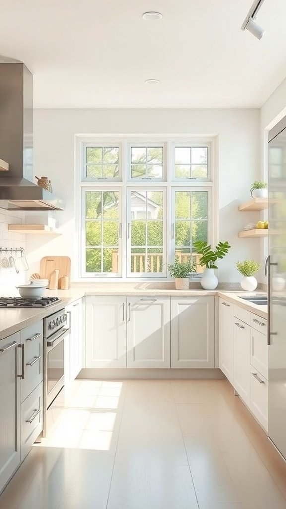 A bright and airy kitchen with large windows, light cabinetry, and plants on the counter.