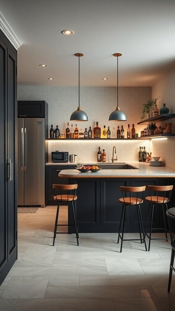 A modern kitchen with a chic bar area featuring dark cabinetry, bar stools, and stylish lighting.