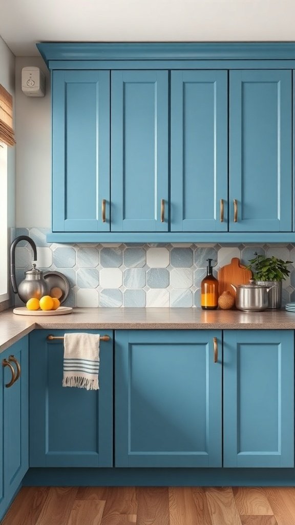 A kitchen with blue cabinets, gold handles, and a patterned backsplash.