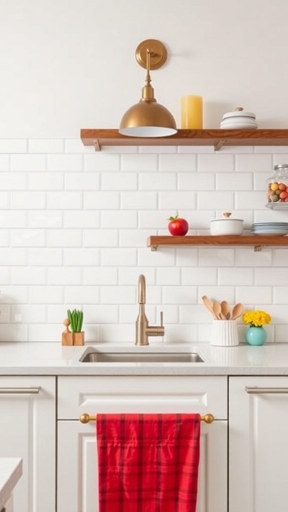 A kitchen featuring classic white subway tile backsplash, wooden shelves, and brass fixtures.