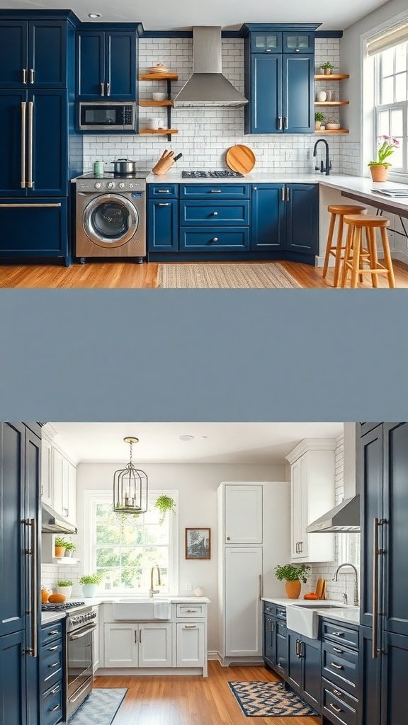 A kitchen featuring navy blue cabinets, white countertops, and wooden flooring, showcasing a blend of modern and rustic decor.