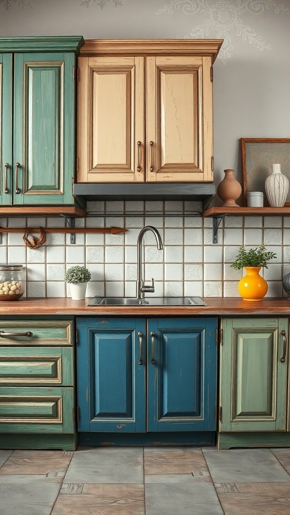 A colorful kitchen with painted cabinets in blue, green, and beige, showcasing different paint sheens.