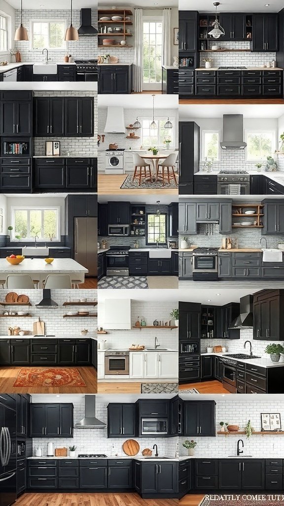 A collage of kitchens featuring black cabinets in various styles, showcasing modern, traditional, and rustic designs.