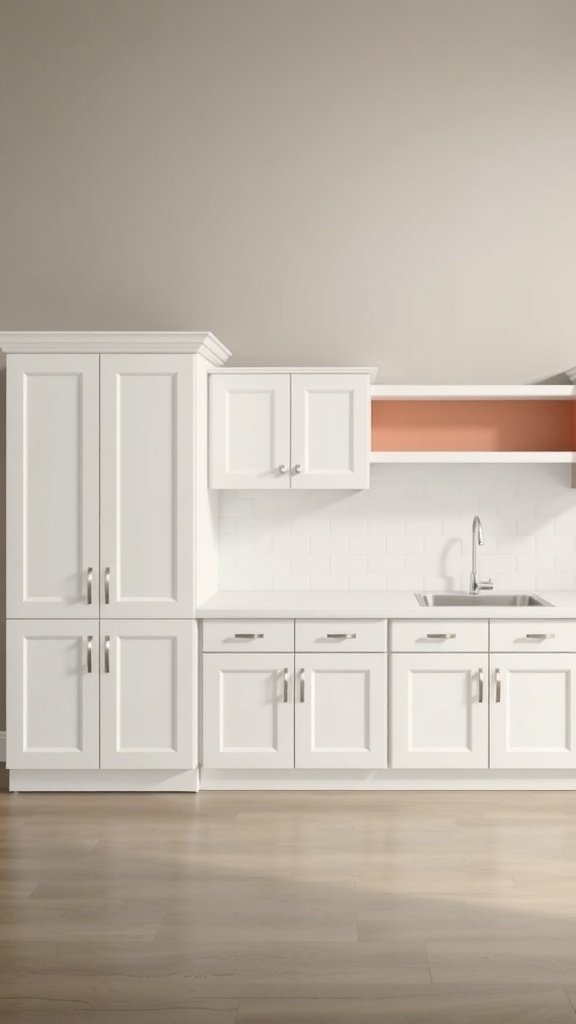 A modern kitchen with white cabinets and a hint of color in the open shelf area.