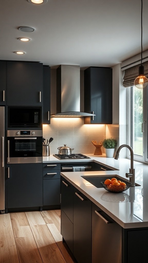 A modern kitchen featuring smart appliances and energy-efficient lighting.