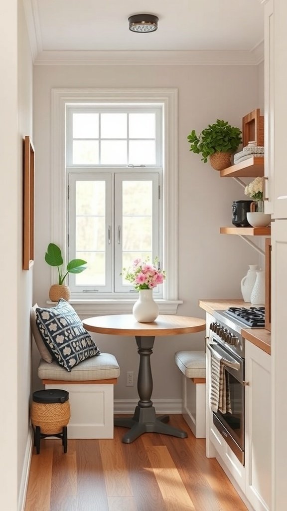 A cozy kitchen nook with a round table and cushioned seating by a window.