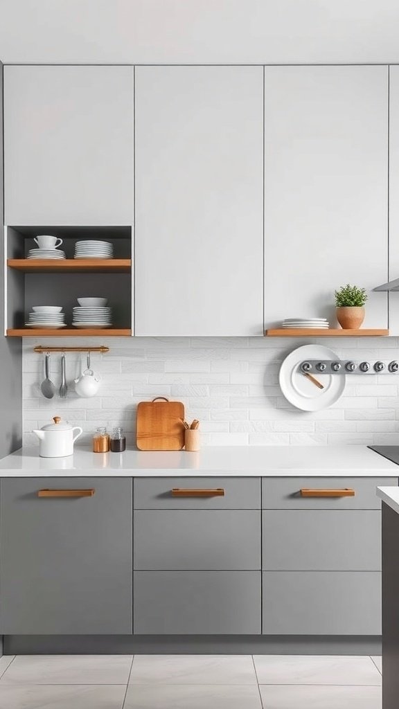 Modern kitchen with gray cabinets, open shelves, and wooden accents.