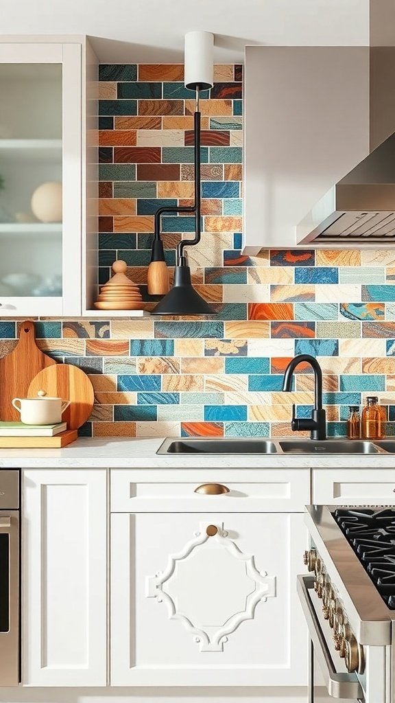 A kitchen with a colorful tile backsplash featuring earthy tones and bright blues, complemented by white cabinetry and modern appliances.