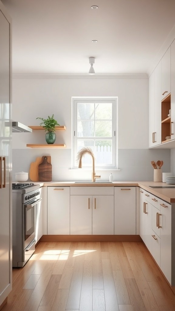 A minimalist kitchen featuring white cabinets, wooden accents, and natural light.