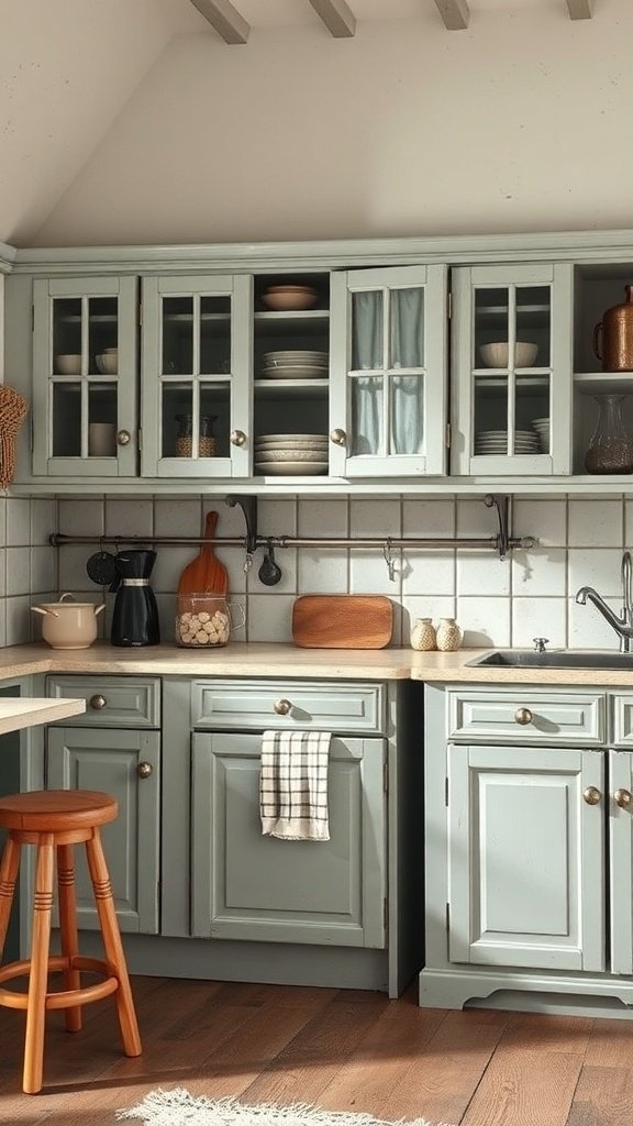A vintage-style kitchen with chalk-painted cabinets in a soft blue color, featuring glass-front doors and wooden accents.