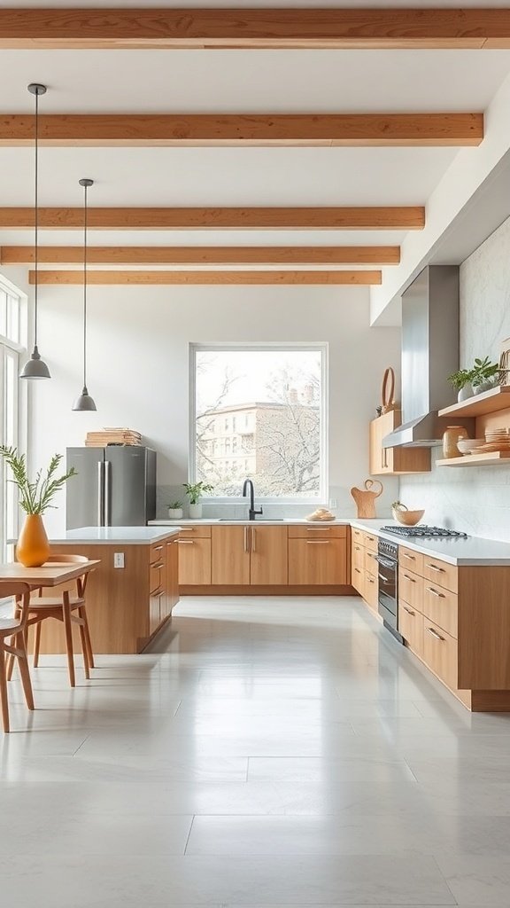 Bright open kitchen with wooden beams, modern cabinetry, and a dining area.