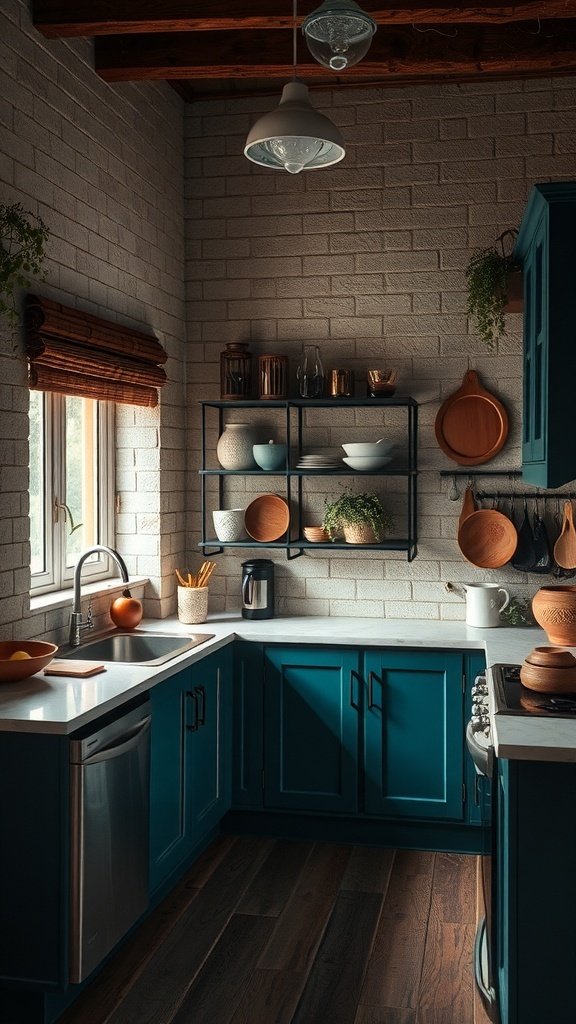 A cozy kitchen with teal cabinets, light brick walls, wooden beams, and open shelving displaying pottery and plants.