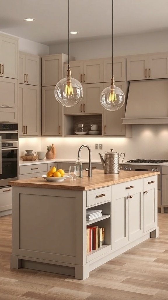 A modern kitchen featuring gray cabinets and a wooden kitchen island with pendant lighting.