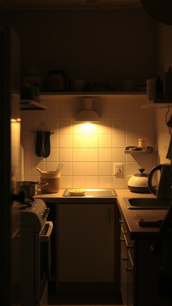 A small kitchen with soft lighting illuminating the countertops and creating a cozy atmosphere.