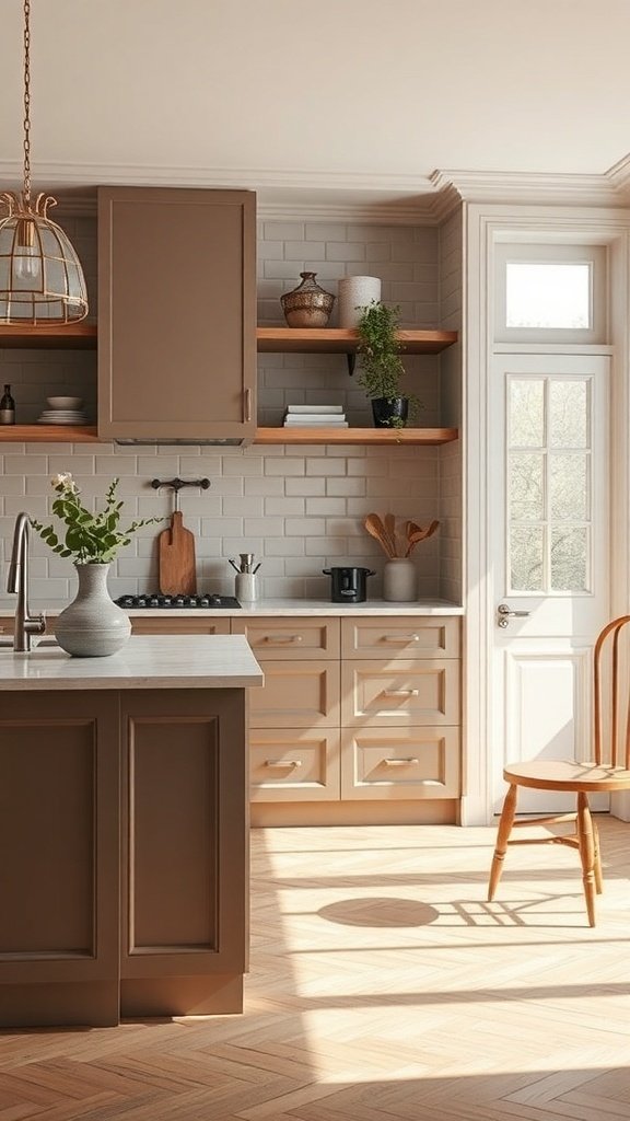 A modern kitchen with beige cabinets, open shelving, and natural light.