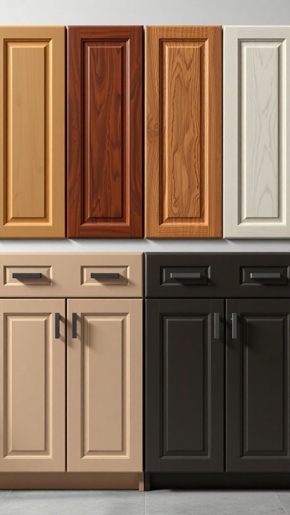 A display of various kitchen cabinet finishes including light wood, dark wood, and painted options.