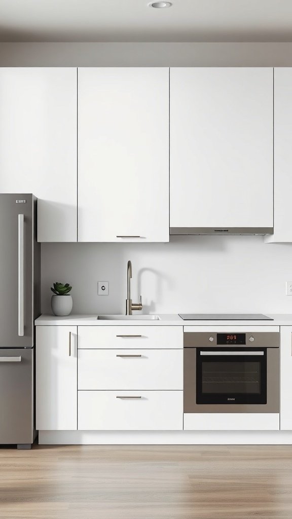 Modern minimalist kitchen with white cabinets and stainless steel appliances